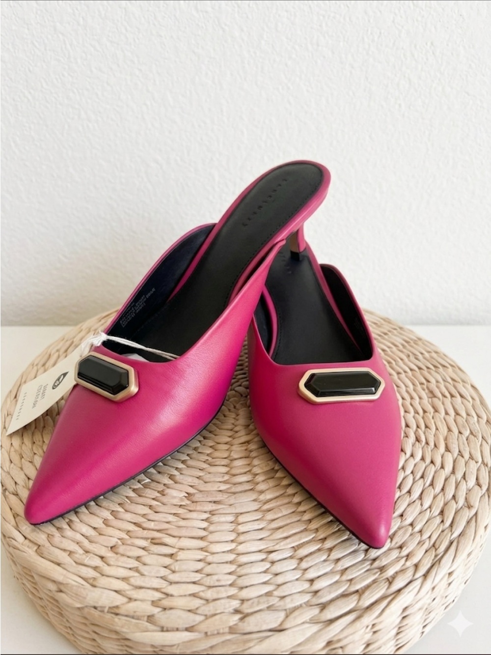 Leather Sanctuary Fuchsia Mules with Gold Accent